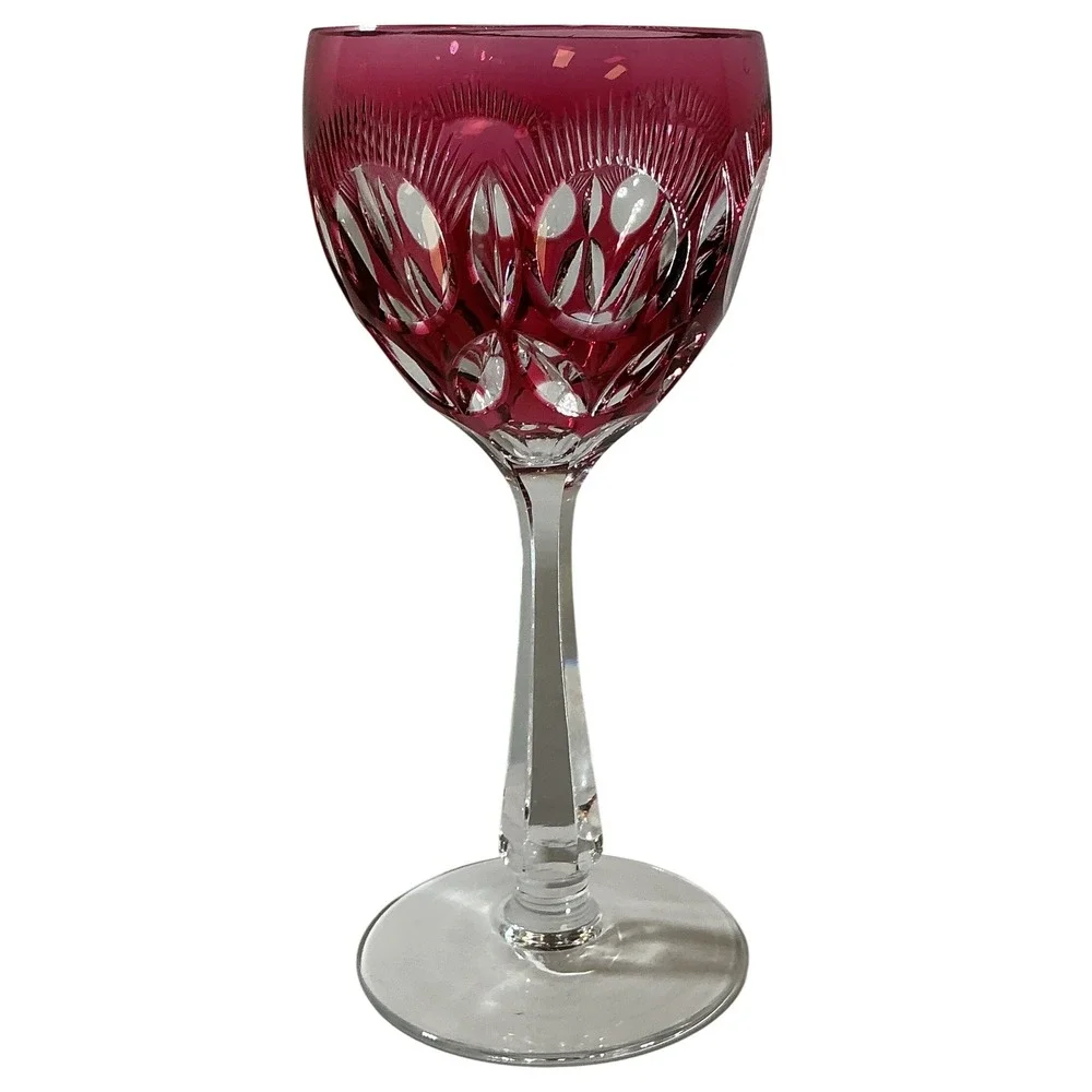 Vintage Cranberry Cut to Clear Crystal Wine Goblet Ruby Red Faceted Stem 7.75